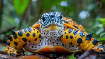 Close-up of a vibrant turtle in a lush rainforest, showcasing its unique colors and textures photo