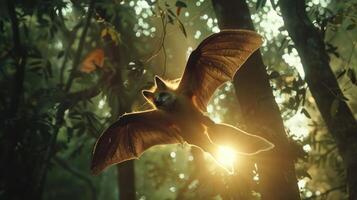 A mythical creature with bat-like wings soars through a sunlit forest, surrounded by lush greenery photo