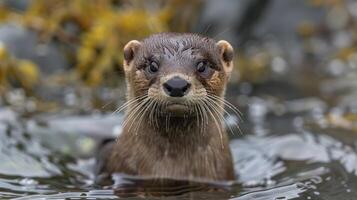 A curious otter emerging from the water, surrounded by kelp, showcasing its playful nature photo