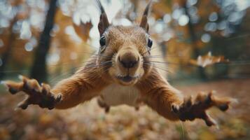 Squirrel Leaping Through Autumn Leaves in a Vibrant Forest Setting photo