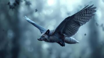 A fantastical creature resembling a fox with wings soaring through a misty forest at dusk photo