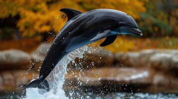 A playful dolphin leaps joyfully above the water's surface in a vibrant autumn setting photo