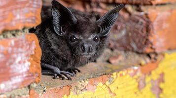 A close-up of a bat peering out from a colorful brick wall, showcasing its unique features and habitat photo