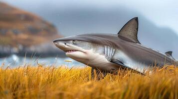 Shark emerging from vibrant golden grass near a misty coastline with distant mountains photo