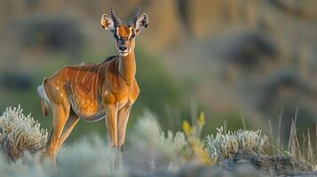 A graceful antelope standing amidst lush vegetation in a serene, natural landscape at dusk photo
