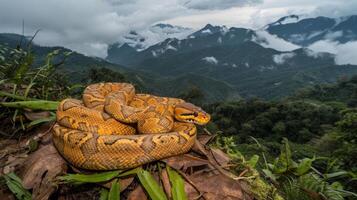 Vibrant yellow python resting on foliage with misty mountains and clouds in the background photo