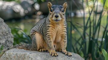 A curious squirrel perched on a rock near a serene pond surrounded by lush greenery photo