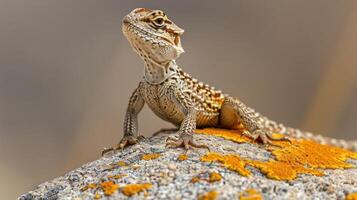 Close-up of a lizard perched on a textured rock with orange lichen in a natural setting photo