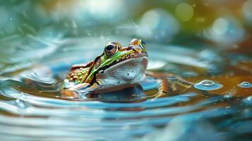 Colorful frog emerging from water, surrounded by ripples and soft bokeh background photo