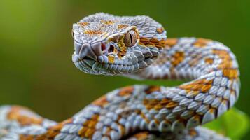 Close-up of a vibrant, patterned snake poised on a branch in a lush green environment photo