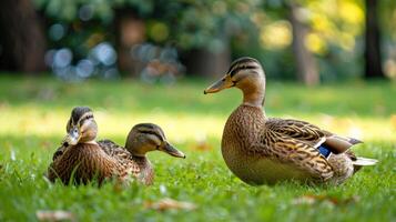 Three ducks resting on green grass in a serene park, with blurred trees in the background photo