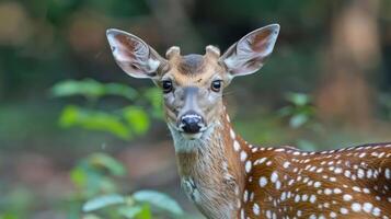 Close-up of a spotted deer in a lush green forest, showcasing its features and natural habitat photo