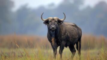 Majestic buffalo standing in a lush, green field with a misty background at dawn photo