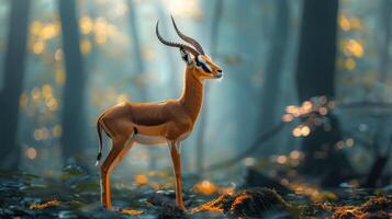 Graceful gazelle standing in a serene forest, sunlight filtering through trees, creating a tranquil atmosphere photo