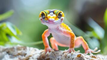 Colorful gecko perched on a rock, surrounded by lush greenery, showcasing its vibrant patterns photo