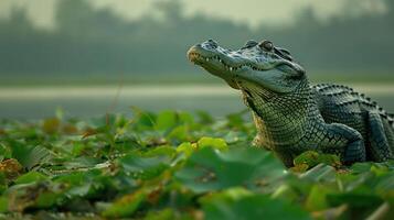 Crocodile basking on lily pads in serene wetland, with misty forest backdrop at dawn photo
