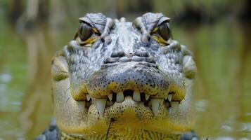 Close-up of a crocodile's head emerging from water, showcasing its sharp teeth and textured skin photo