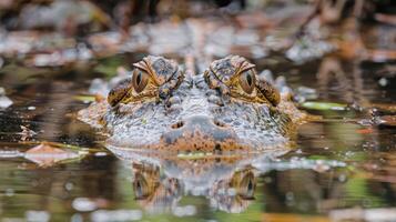 Close-up of a crocodile partially submerged in a tranquil water setting surrounded by foliage photo