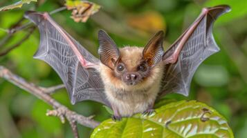 A close-up of a bat with outstretched wings perched on a leaf amidst lush greenery photo