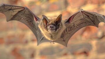 Close-up of a bat in flight against a blurred brick background, showcasing its detailed wings and facial features photo