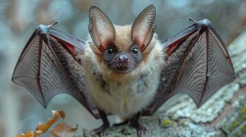 Close-up of a bat perched on a tree branch, showcasing its detailed wings and fur in a natural setting photo