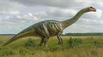 A large dinosaur stands majestically in a lush, open field under a cloudy sky photo