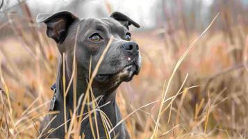 Close-up of a dog in tall grass, observing its surroundings in a serene, natural setting photo