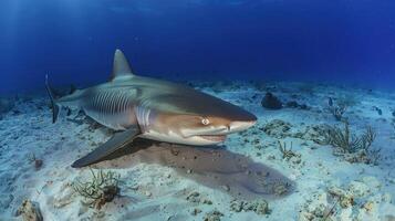 Underwater scene featuring a shark gliding over sandy ocean floor with coral in background photo