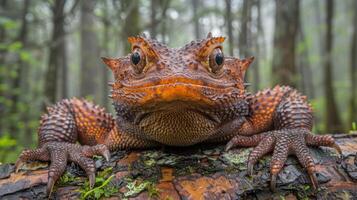 Close-up of a vibrant, spiky amphibian resting on a log in a misty forest setting photo