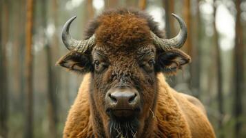 Close-up of a majestic bison in a forest setting, surrounded by tall trees and soft lighting photo