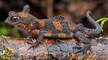 Colorful lizard perched on a log in a lush forest, showcasing its vibrant patterns and textures photo