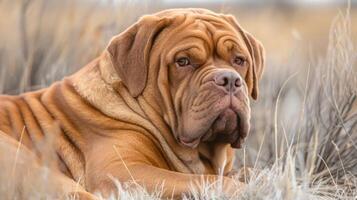 A close-up of a relaxed dog resting in a grassy field during a sunny day, showcasing its features photo