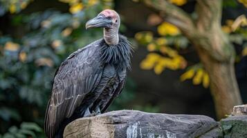 Majestic vulture perched on a log, surrounded by vibrant foliage in a natural setting photo