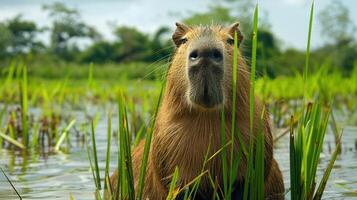 Capybara emerging from water amidst lush green grass in a serene natural environment photo