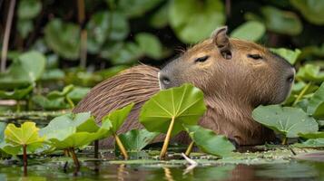 Capybara resting peacefully among lily pads in a serene wetland environment, showcasing nature's tranquility photo