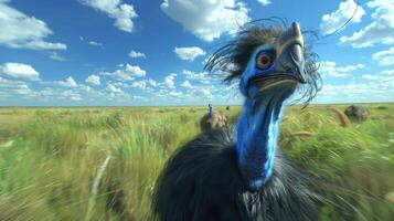 Close-up of a cassowary in a vibrant grassland under a bright blue sky with clouds photo
