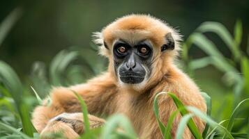 Close-up of a gibbon resting in lush green grass, showcasing its expressive eyes and serene demeanor photo