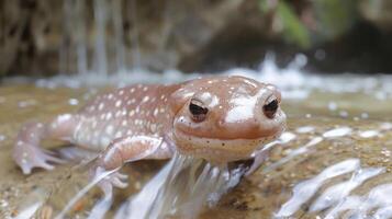 Close-up of a spotted amphibian resting on a rock by a flowing stream in a lush environment photo