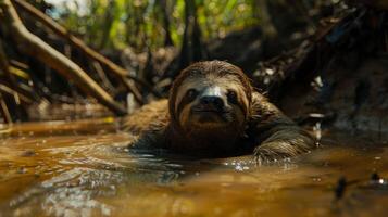 A sloth swimming in a serene jungle river, surrounded by lush greenery and sunlight filtering through photo