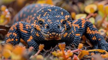 Close-up of a vibrant lizard with orange and black patterns on a colorful natural background photo