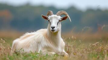 A serene white goat resting in a lush green field with blurred trees in the background photo