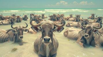 Herd of cows relaxing in shallow ocean water under a bright sky, with gentle waves in the background photo
