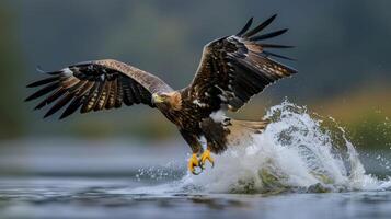 Majestic eagle soaring above a shimmering lake, splashing water as it hunts for fish photo