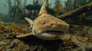 Underwater view of a shark swimming near aquatic plants in a serene ocean environment photo