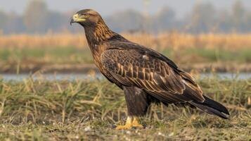 Majestic golden eagle standing on the ground near a serene wetland, showcasing its powerful presence photo