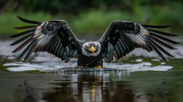Majestic eagle swooping down to catch fish in a serene lake surrounded by lush greenery photo