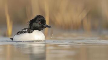 Close-up of a duck gliding on calm water amidst tall grasses in a serene natural setting photo
