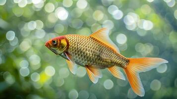 Vibrant goldfish swimming gracefully in a serene aquatic environment with soft bokeh background photo