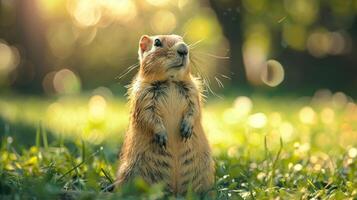 A curious small rodent standing on its hind legs in a sunlit grassy field surrounded by bokeh photo