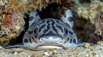 Close-up of a leopard shark resting in a coral reef with colorful marine life in the background photo